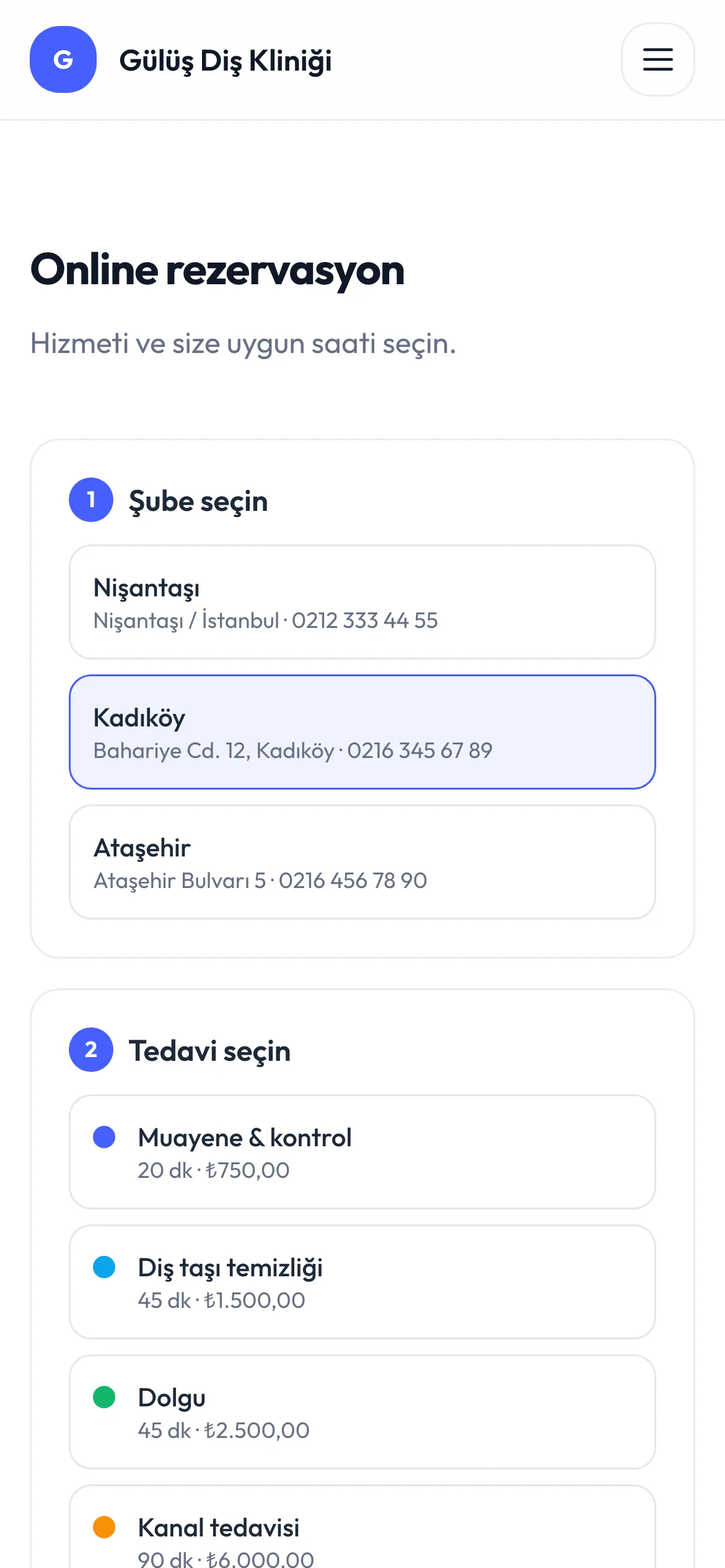 Müşterinin telefondan şube seçerek online rezervasyon yaptığı ekran