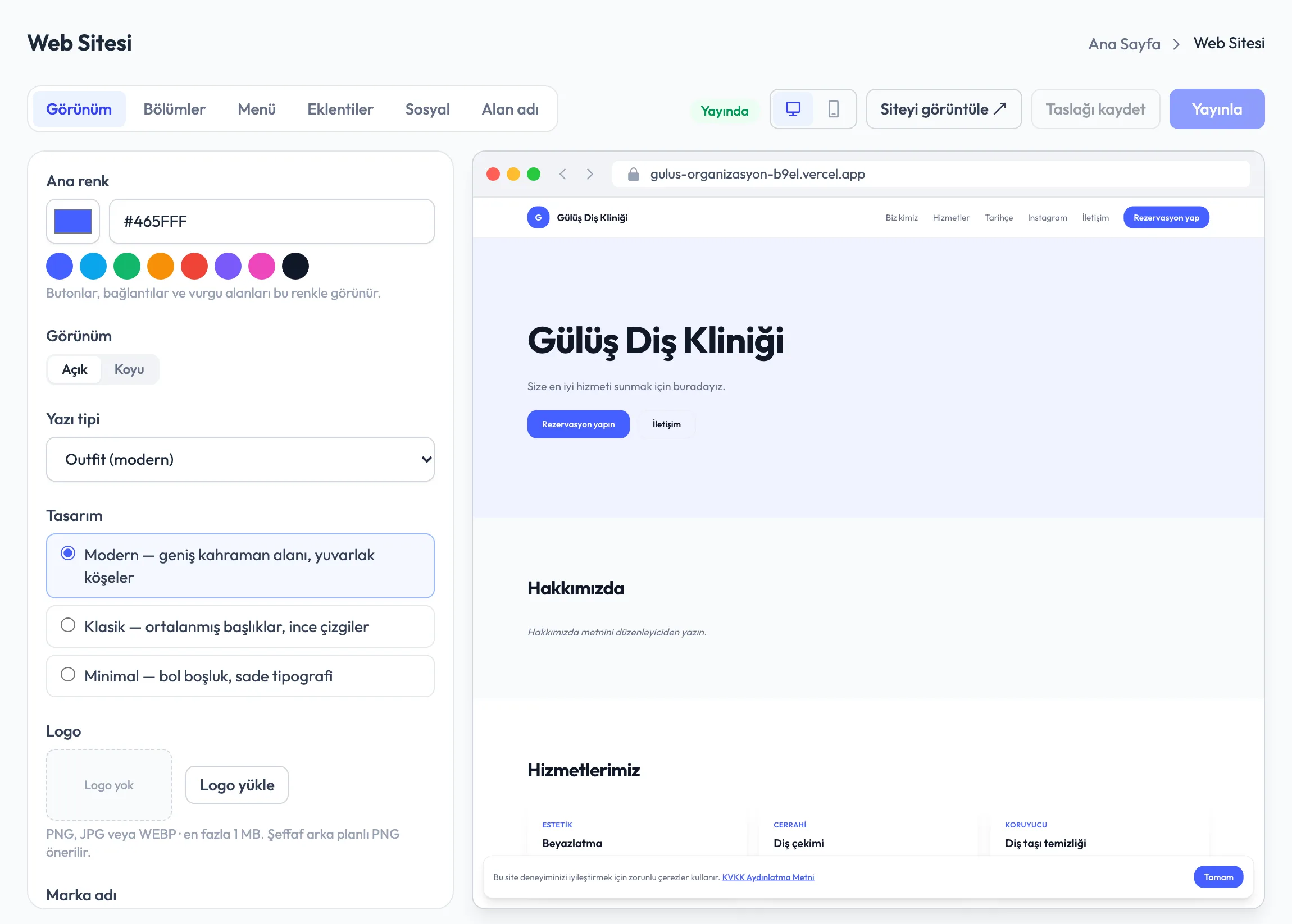 ahengo web sitesi editörü: solda tema ayarları, sağda sitenin canlı önizlemesi